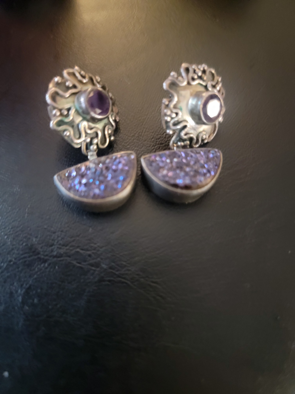 Purple Druzy Drop Earrings with Decorative Silver Accents